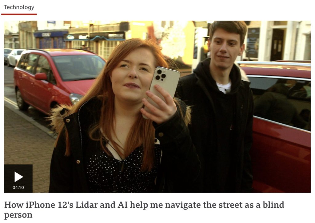 image of woman using iPhone to navigate outdoors using lidar technology